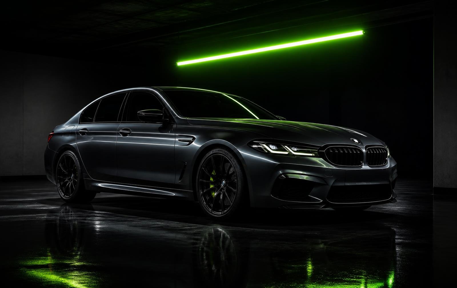 Sedan premium em garagem escura com luz verde neon