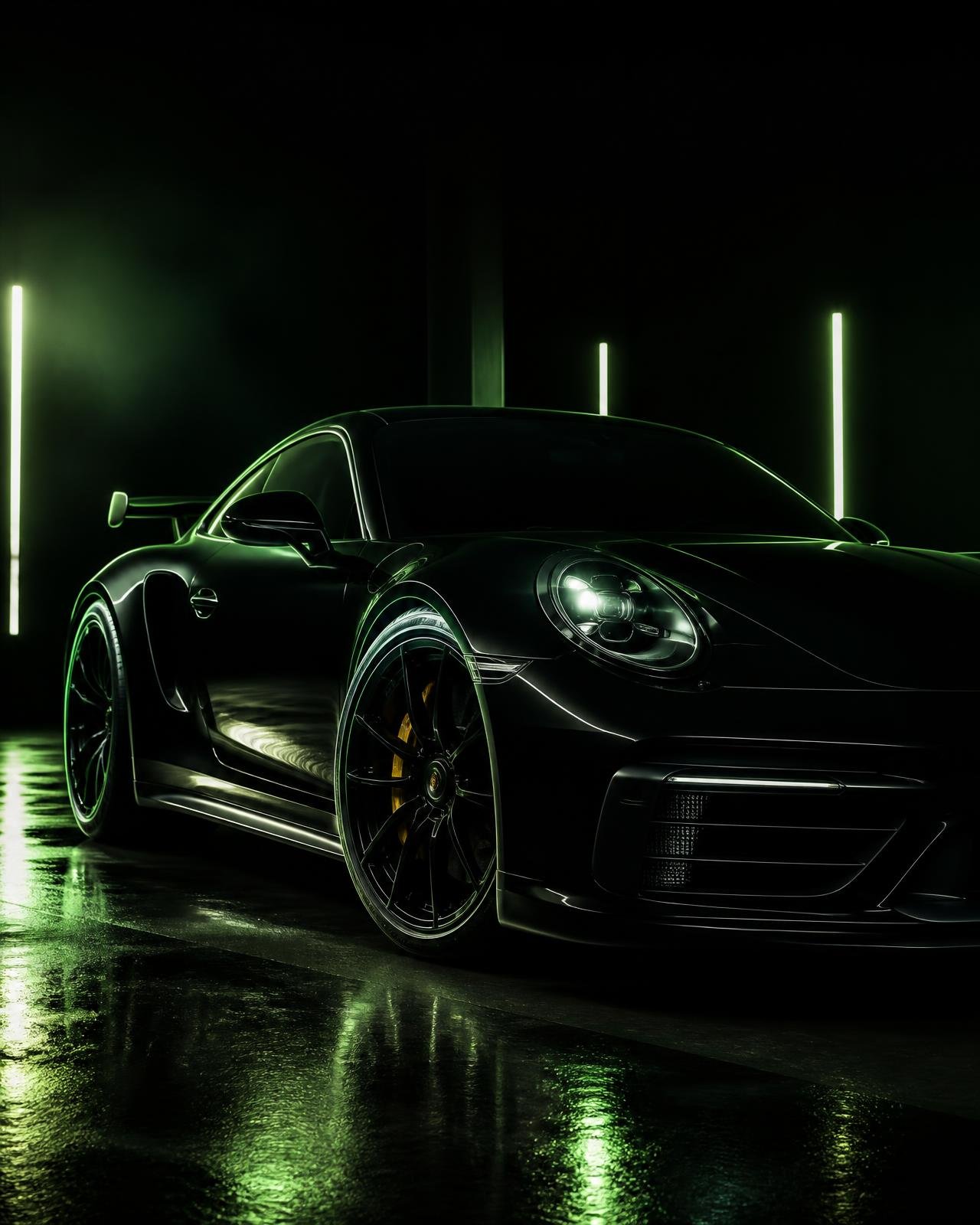 Carro esportivo preto com iluminação verde neon em estúdio